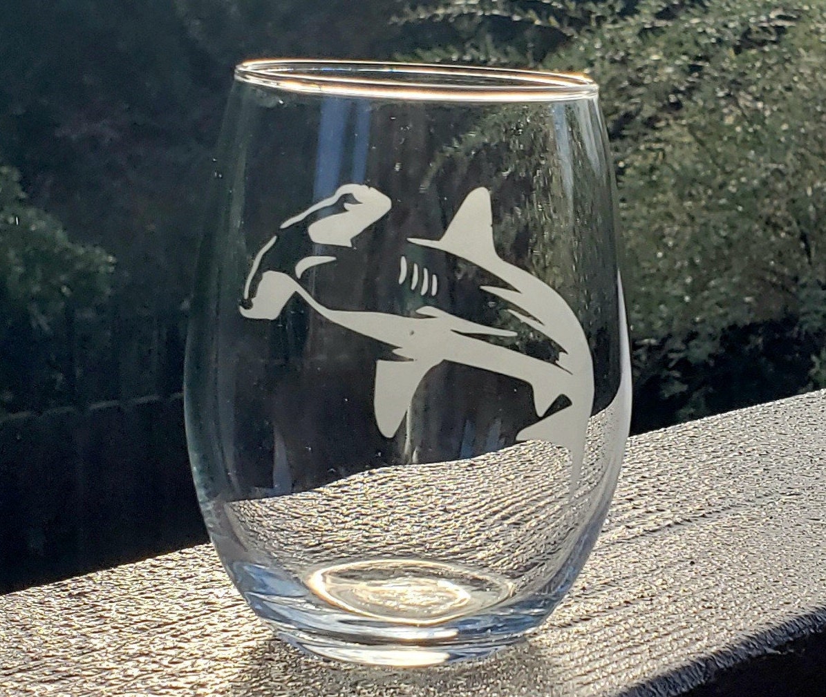 Etched Hammerhead Shark Stemless Wine Glass
