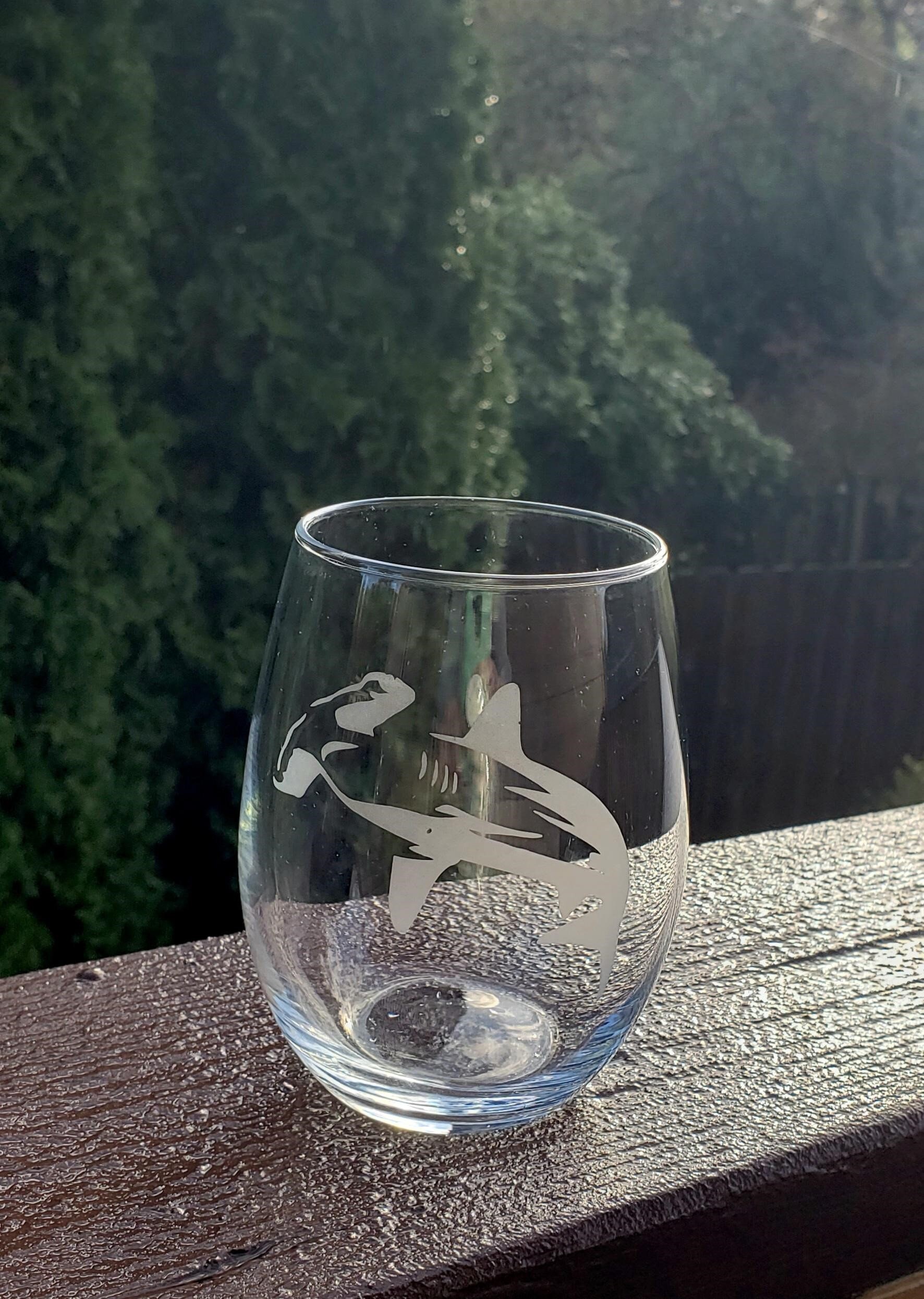Etched Hammerhead Shark Stemless Wine Glass
