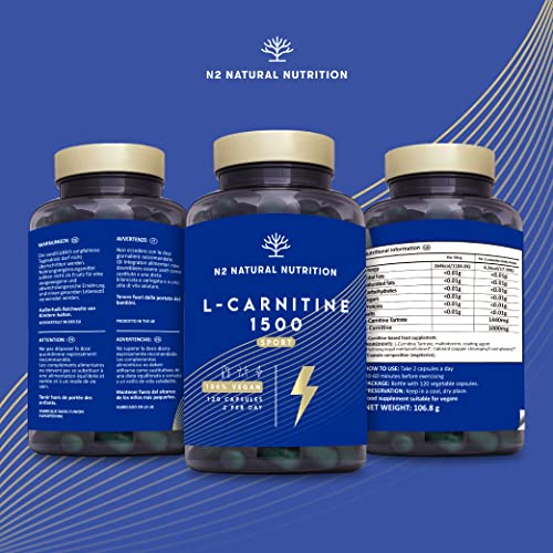 Natural L CARNITINE 1500mg. Fat Burner Pills Supplement. Improves Sports Performance, Weight Loss & Provides Energy Resistance. 120 Vegetable Capsules. UK Vegan Certified. N2 Natural Nutrition.