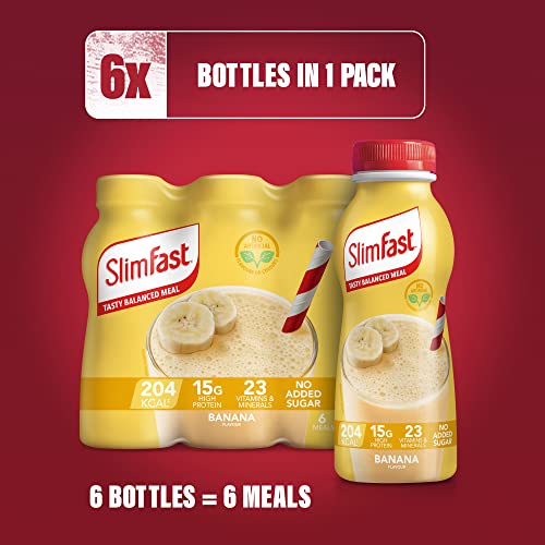 SlimFast Ready To Drink Shake, Tasty, Balanced Shake with 15g protein, 23 Vitamins and Minerals and No Sugar, Banana Flavour, 6 x 325 ml Multipack, Packaging May Vary