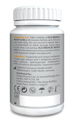NEW XLS-Medical Weight Loss Plus Tablets | Reduces Fats and Sugars Absorption | With Natural Ingredients Gentle on the system | Clinically proven efficacy | 120 Tablets