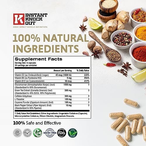 Instant Knockout Cut - 120 Weight Management Diet Pills - Men and Women -100% Natural Ingredients with Glucomannan, Green Tea Extract, Cayenne Pepper Seeds and More - UK Made Premium Supplement
