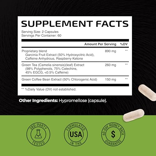Green Tea Weight Loss Pills | Belly Fat Burner, Metabolism Booster, & Appetite Suppressant for Women & Men | 45% EGCG | with Green Coffee Bean Extract | Vegan, Gluten-Free Supplement | 120 Capsules