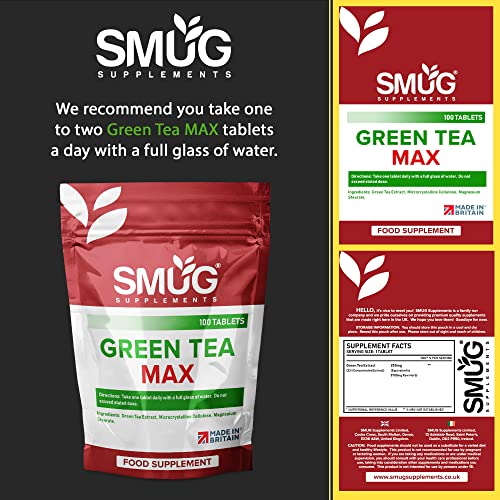 SMUG Supplements Green Tea MAX Tablets - 100 High Strength Pills - Powerful Equivalent of 5700mg Raw Herb - Popular Antioxidant - Vegan Friendly - Made in Britain