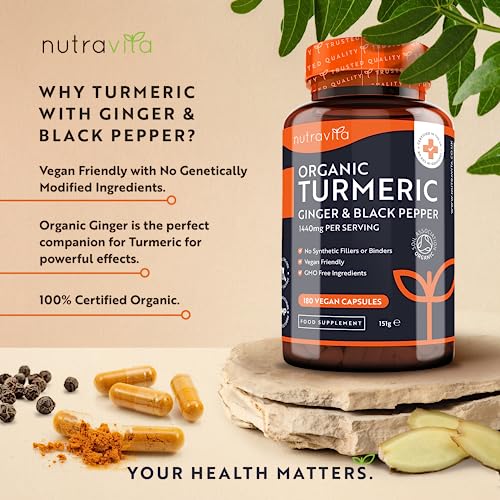Organic Turmeric 1440mg (High Strength) with Black Pepper & Ginger - 180 Vegan Turmeric Capsules (3 Month Supply) – Organic Turmeric with Active Ingredient Curcumin - Made in The UK by Nutravita