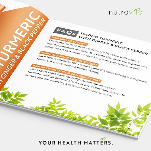 Organic Turmeric 1440mg (High Strength) with Black Pepper & Ginger - 180 Vegan Turmeric Capsules (3 Month Supply) – Organic Turmeric with Active Ingredient Curcumin - Made in The UK by Nutravita