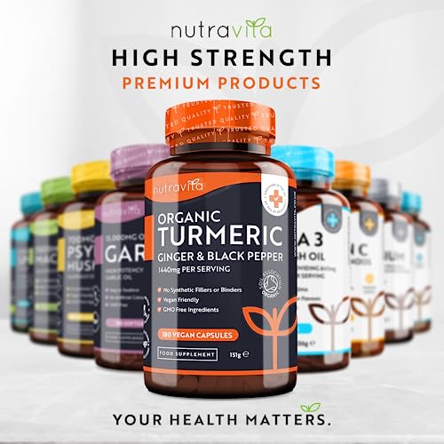 Organic Turmeric 1440mg (High Strength) with Black Pepper & Ginger - 180 Vegan Turmeric Capsules (3 Month Supply) – Organic Turmeric with Active Ingredient Curcumin - Made in The UK by Nutravita