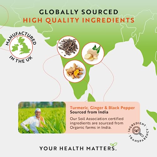 Organic Turmeric 1440mg (High Strength) with Black Pepper & Ginger - 180 Vegan Turmeric Capsules (3 Month Supply) – Organic Turmeric with Active Ingredient Curcumin - Made in The UK by Nutravita