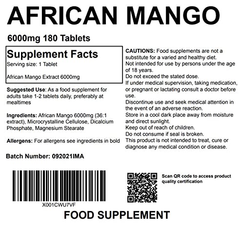 High-Fiber African Mango Extract: 6000mg, 180 Vegan Tablets