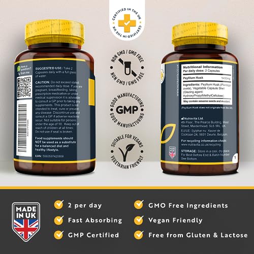 Psyllium Husks: High Fiber Supplement – 180 Capsules