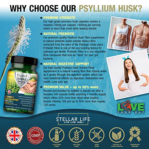 240 Psyllium Husks Fiber Supplement - High Strength Capsules