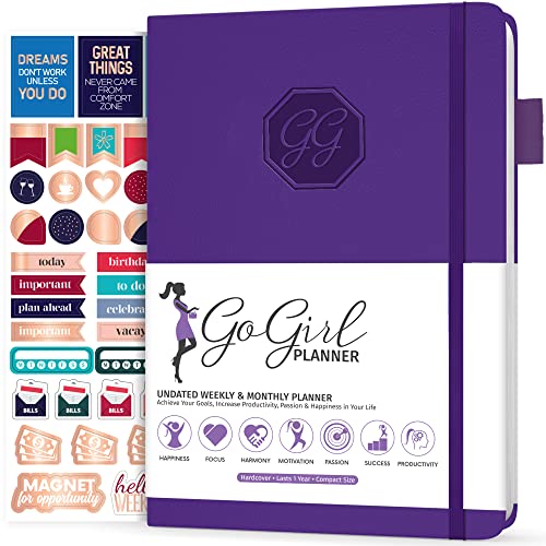 GoGirl Planner and Organizer for Women – Compact Size Weekly Planner, Goals Journal & Agenda to Improve Time Management, Productivity & Live Happier. Undated – Start Anytime, Lasts 1 Year – Purple