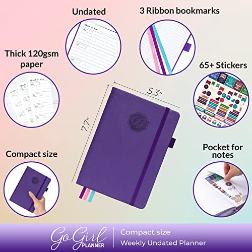 GoGirl Planner and Organizer for Women – Compact Size Weekly Planner, Goals Journal & Agenda to Improve Time Management, Productivity & Live Happier. Undated – Start Anytime, Lasts 1 Year – Purple