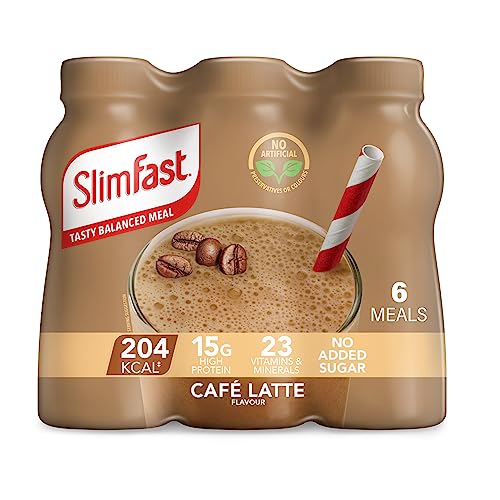 SlimFast Ready To Drink Shake, Tasty, Balanced Shake with 15g protein, 23 Vitamins and Minerals and No Sugar, Cafe Latte Flavour, 6 x 325 ml Multipack, Packaging May Vary