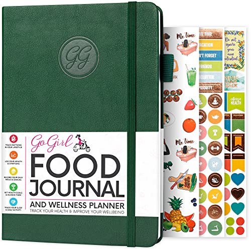 GoGirl Food Journal & Wellness Planner –– Daily Health, Diet & Fitness Diary – Lifestyle & Nutrition Journal with Meal, Exercise & Weight Loss Trackers - A5 size, 14 x 21cm, Hardcover - Forest Green