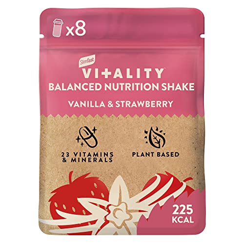 SlimFast Vitality Balanced Nutrition Shake with Vitamins and Minerals for Balanced Lifestyle, Vegan, Vanilla & Strawberry Flavour, 8 Servings, 480 g