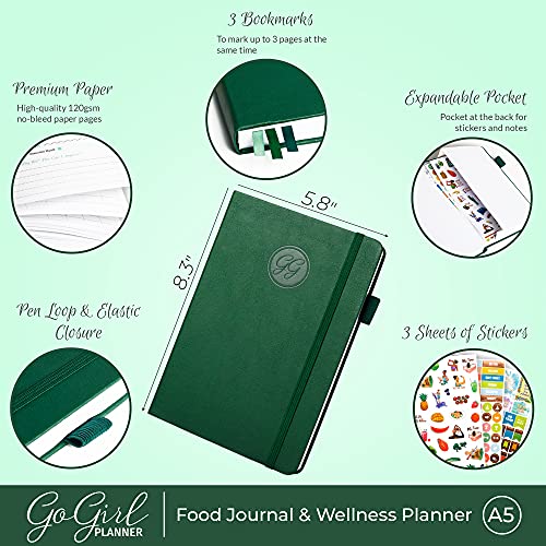 GoGirl Food Journal & Wellness Planner –– Daily Health, Diet & Fitness Diary – Lifestyle & Nutrition Journal with Meal, Exercise & Weight Loss Trackers - A5 size, 14 x 21cm, Hardcover - Forest Green