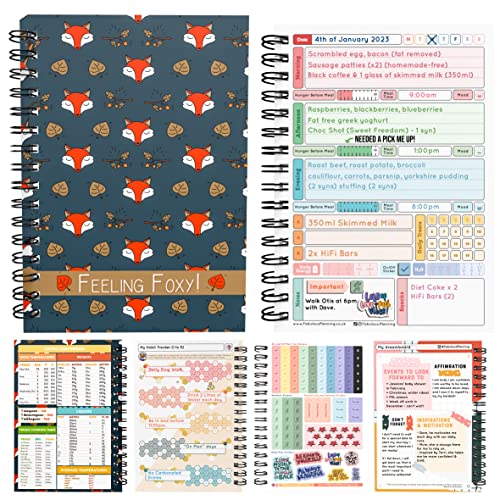 Slimming World Compatible Food Diary New Year 2023 Diet Recipe Journal Planner 7 Week Countdown Card with Stickers Blue Feeling Foxy Foxes Fox