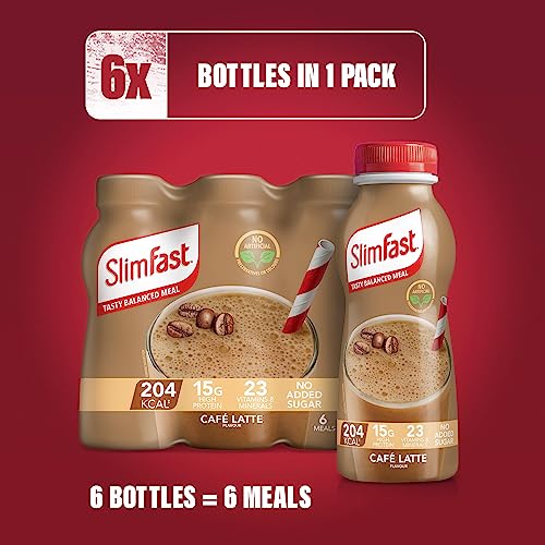 SlimFast Ready To Drink Shake, Tasty, Balanced Shake with 15g protein, 23 Vitamins and Minerals and No Sugar, Cafe Latte Flavour, 6 x 325 ml Multipack, Packaging May Vary