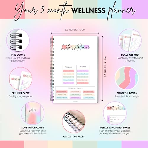 Wellness Journal - 90 Day Health, Fitness, Gratitude, Mindfullness, Wellbeing, Habit, Goals, Diet & Food Tracker - A5 Pastel Rainbow