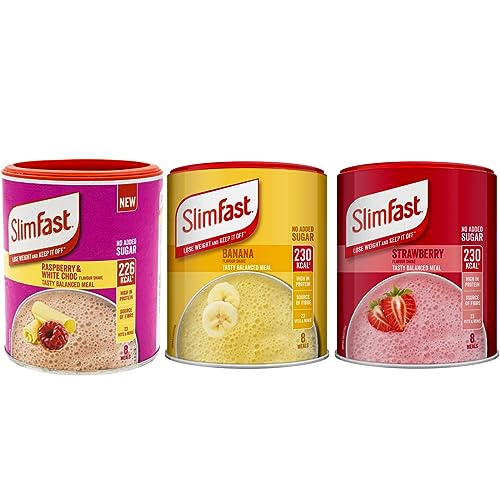 Meal Replacement SlimFast Strawberry, Banana And Raspberry & White Chocolate Meal Shake Powder 292g 8 Servings | High in Protein, Source of Fibre, Healthy Shake for Balanced Diet Plan