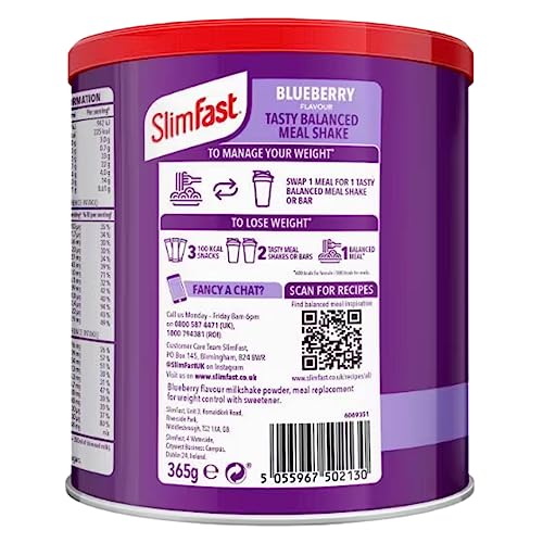 Meal Replacement SlimFast Blueberry Meal Shake Powder 10 Servings 365g Pack of 2 | High in Protein, Source of Fibre, Healthy Shake for Balanced Diet Plan with Vitamins and Minerals