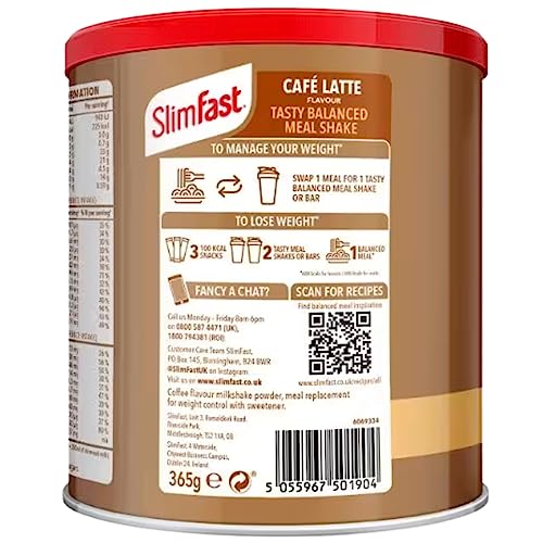 Meal Replacement SlimFast Meal Shake Powder Cafe Latte 10 Servings 365g Pack of 2 | High in Protein, Source of Fibre, Healthy Shake for Balanced Diet Plan with Vitamins and Minerals
