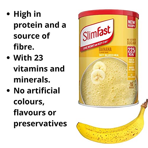Slim Fast Banana Flavour Shake Powder 584g - 16 Servings Balanced Meal Replacement 225kcal, Rich In Protein, Fibre, 23 Vitamins And Minerals