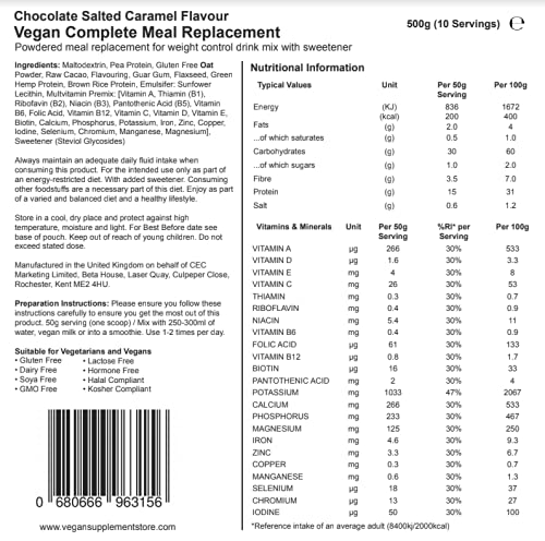 Vegan Meal Replacement Shake from the Vegan Supplement Store - Meal Replacement Shakes for Weight Loss - Plant Based - Gluten, Dairy, Soy & Cruelty Free Diet Shake (Chocolate Salted Caramel)