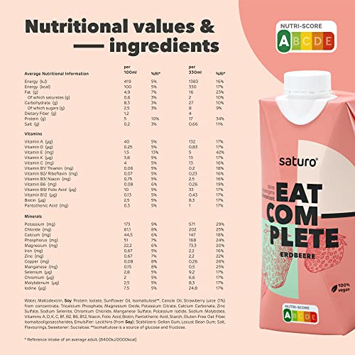 Saturo Meal Replacement Shake Strawberry | Astronaut Food with Protein & 330kcal | Drinkable Food with Valuable Nutrients | 8 x 330ml