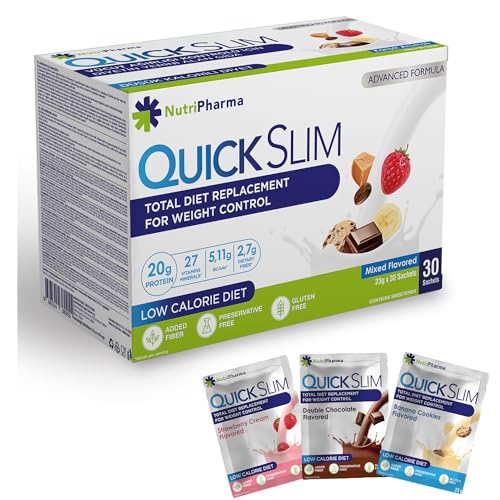 Quick Slim Meal Replacement Shake for Weight Loss, 30 Servings, 20g Protein, 27 Vitamins & Minerals, Dietary Fiber, Low Carb, Gluten Free (Mixed Flavored)
