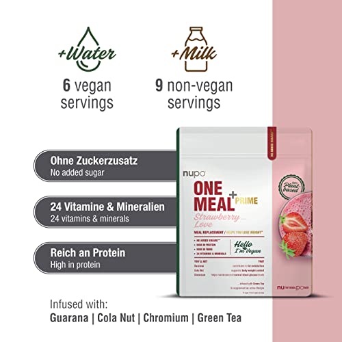 NUPO One Meal + Prime Vegan Powder - Strawberry Love I Tasty meal replacement shakes for a balanced diet plan I High in protein I No added sugars I 24 vitamins and minerals I 360g