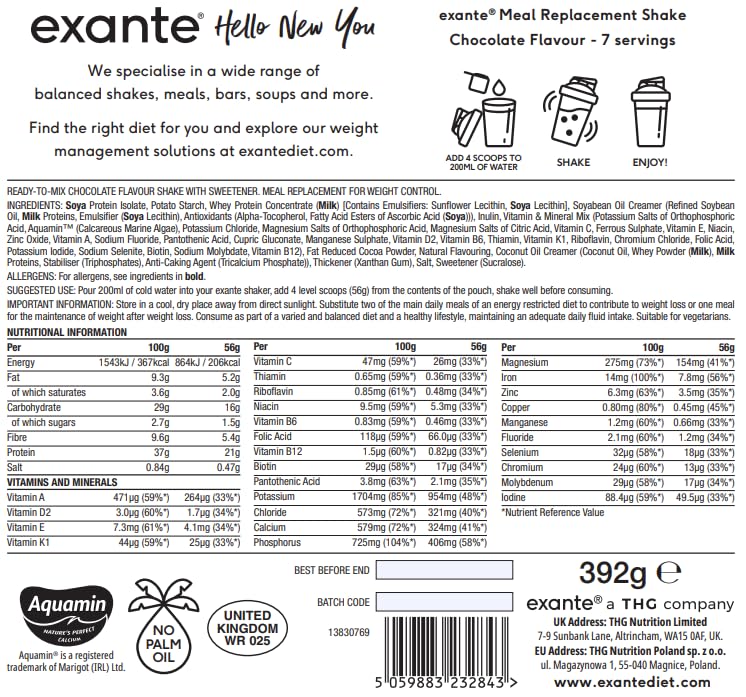 Exante Meal Replacement Shake for Weight Loss or Weight Management, High Protein, Low Sugar, High Fibre, 27 Vitamins and Minerals, 206 Calories Per Serving (Chocolate, 7-Serving, 400 g - Pack of 1)