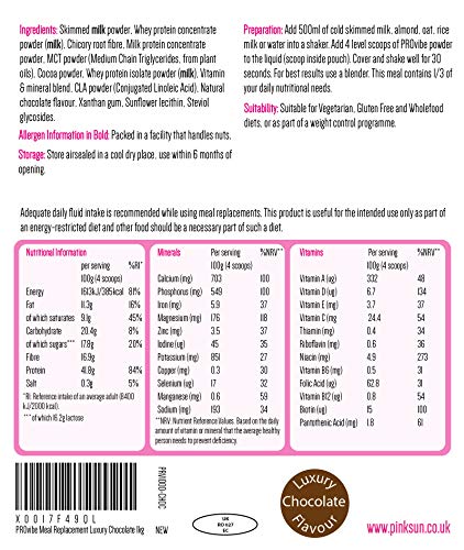 PINK SUN Diet Meal Replacement Shake Chocolate 1kg (or Vanilla) Soy Free Protein Powder Nutritionally Complete Shakes with Vitamins No Added Sugar No Aspartame No Sucralose