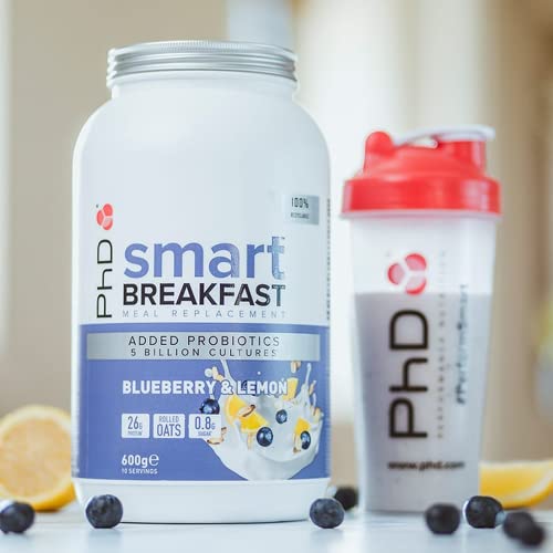 PhD Smart Breakfast Shake, with High Protein, Essential Vitamins & Minerals, Probiotics & Digestive Enzymes, Blueberry & Lemon Flavor, 26 g Protein,10 Servings