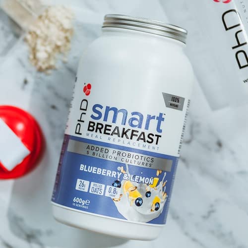 PhD Smart Breakfast Shake, with High Protein, Essential Vitamins & Minerals, Probiotics & Digestive Enzymes, Blueberry & Lemon Flavor, 26 g Protein,10 Servings