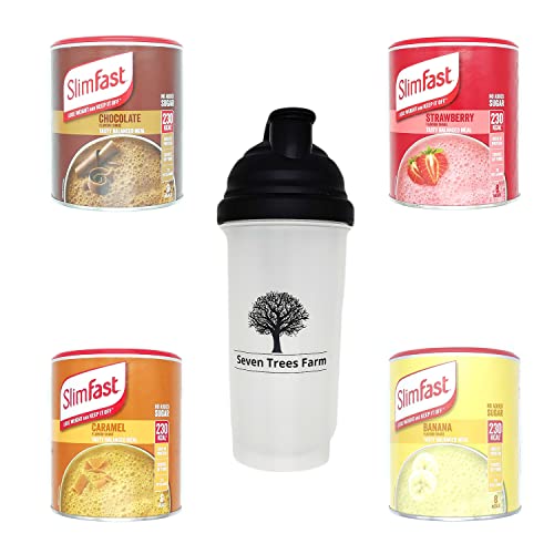 Seven Trees Farm KIT Made of 5 Products, 4 x Meal Replacement High Protein Shakes (Banana 292g, Chocolate 300, Caramel 292g, Strawberry 292g),1 x Shaker 700ml