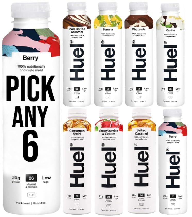 Huel PICK ANY 6 Ready To Drink Nutritionally Complete Meal from 8+ Flavours Inc.Chocolate, Banana, Vanilla, Berry, Salted Caramel, Iced Coffee Caramel, Strawberries & Cream, Etc. (Each 500ml)