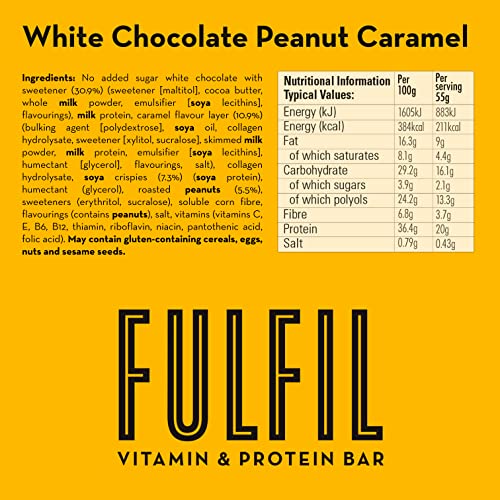 Fulfil Vitamin and Protein Bar (15 x 55 g Bars) — White Chocolate Peanut and Caramel Flavour — 20 g High Protein, 9 Vitamins, Low Sugar
