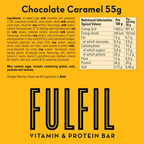 Fulfil Vitamin and Protein Bar (15 x 55 g Bars) — Chocolate Caramel Flavour — 20 g High Protein, 9 Vitamins, Low Sugar