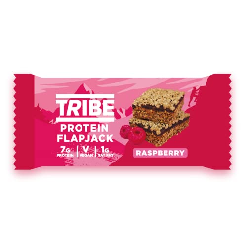 TRIBE Protein Flapjacks - Choc Peanut - Great-Tasting Natural Plant Energy - Vegan, Dairy Free & Gluten Free (12 x 50g Bars) (Raspberry)