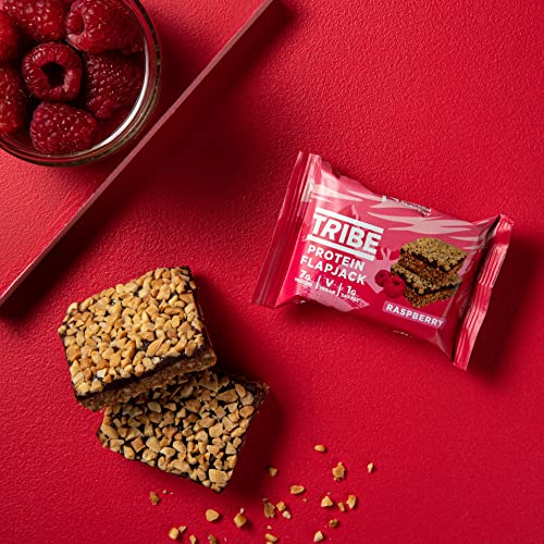 TRIBE Protein Flapjacks - Choc Peanut - Great-Tasting Natural Plant Energy - Vegan, Dairy Free & Gluten Free (12 x 50g Bars) (Raspberry)