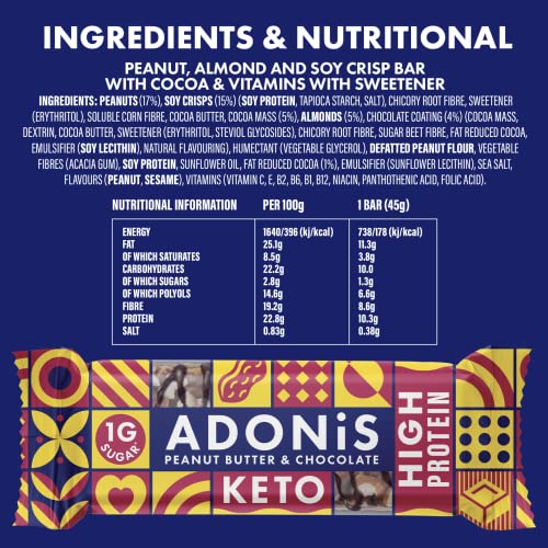 Adonis Peanut Butter & Chocolate High Protein Keto Bars (16x45g) | Vegan & Keto-Friendly | Natural Keto Snacks | Sugar Free, Palm Oil Free | Low Sugar, Low Calorie, Low Carb | Ideal for a Keto Diet
