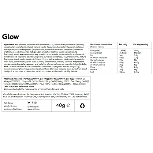 Vitl Glow Bar 15 x 40g - Dark Chocolate & Raspberry Flavour Vitamin & Protein Bar - 15g Protein with Hydrolysed Collagen Peptides & Biotin - For Thicker Hair, Stronger Nails and Glowing Skin