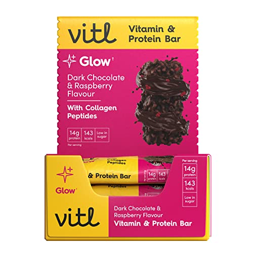 Vitl Glow Bar 15 x 40g - Dark Chocolate & Raspberry Flavour Vitamin & Protein Bar - 15g Protein with Hydrolysed Collagen Peptides & Biotin - For Thicker Hair, Stronger Nails and Glowing Skin