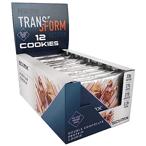 SCI-MX High Protein Double Chocolate Cookie Box - 23g protein, 2.3g sugar + 265 calories per cookie - Pack of 12 x 75 g - Low Sugar - Pre / Post Workout Snack - Suitable for Vegetarians
