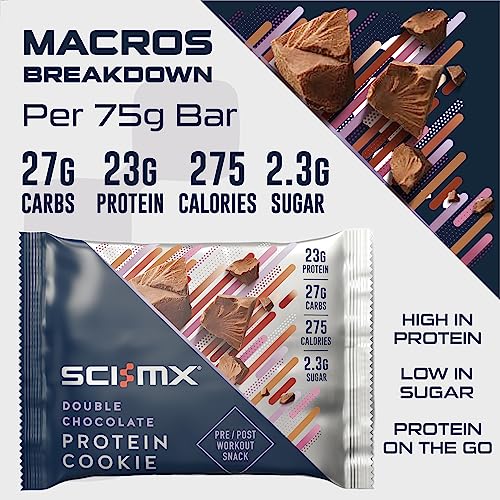 SCI-MX High Protein Double Chocolate Cookie Box - 23g protein, 2.3g sugar + 265 calories per cookie - Pack of 12 x 75 g - Low Sugar - Pre / Post Workout Snack - Suitable for Vegetarians