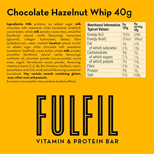 Fulfil Vitamin and Protein Bar (15 x 40 g Bars) — Chocolate Hazelnut Whip Flavour — 14 g High Protein, 9 Vitamins, Low Sugar
