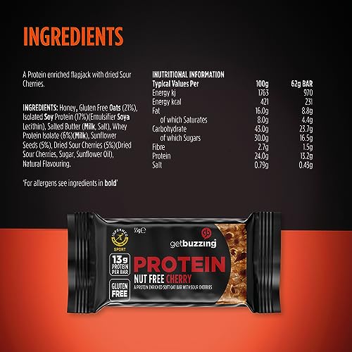 Getbuzzing High Protein Nut Free Flapjack - Cherry 55g - Healthy Snack Bars - Gym, Running, Cycling - Pure Protein Made in The UK - Pack of 12 Bars