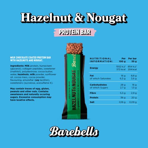 Barebells Protein Bars | 20g protein low carb chocolate bars | after workout low calorie snacks 12 x 55g (Hazelnut & Nougat)